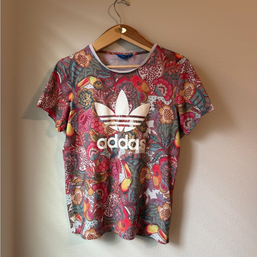 Adidas Blue Trefoil Tag Tee with Pink Heather Multicolor floral Small size